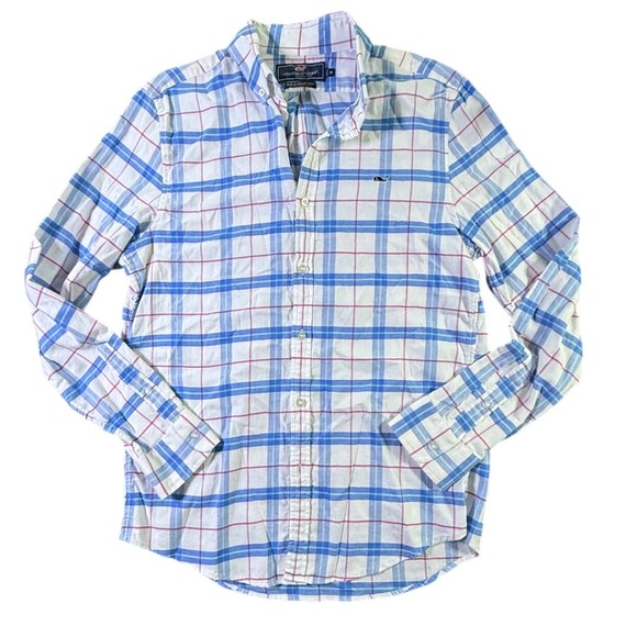 Vineyard Vines Men's Slim Fit Whale Shirt Plaid Button Down White Blue M - Picture 1 of 5